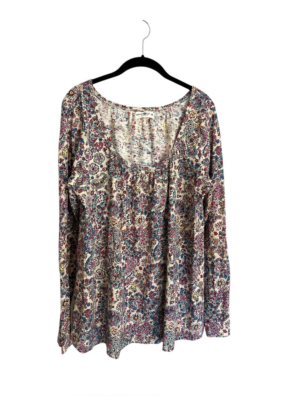Natural Life Iris floral long sleeve cotton relaxed swing scoop neck top M boho